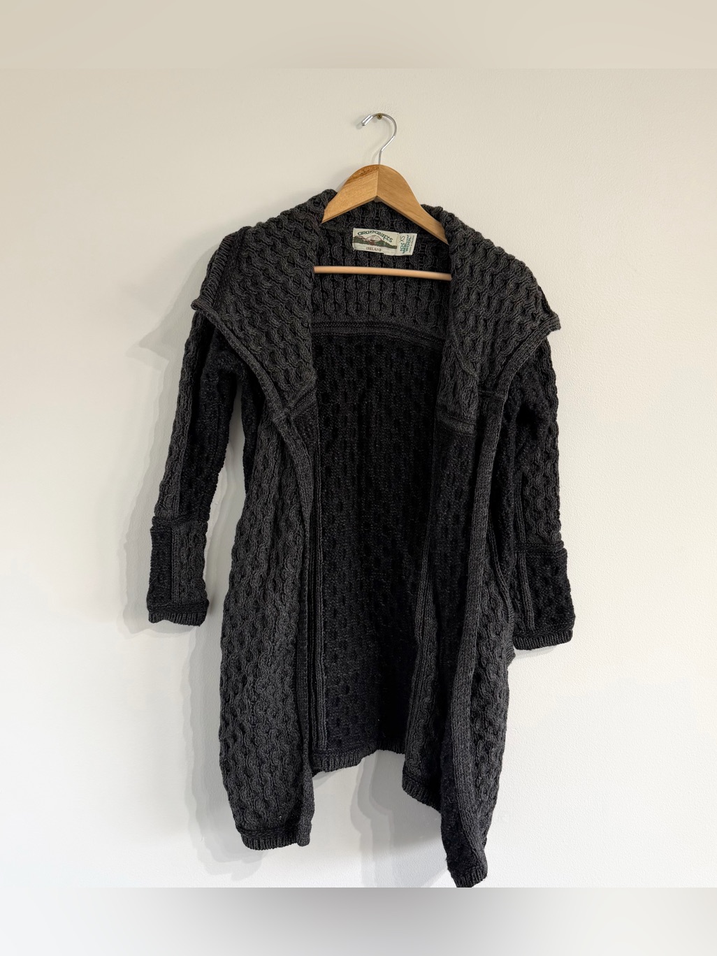 Aran Craft Cardigan Black Grey Chunky Fisherman Knit Sweater Wool